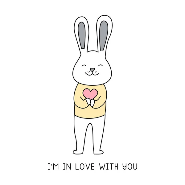 Gelukkig konijn met een hart hand getekend stijl, Leuke cartoon grappige dierlijke personages. — Stockvector