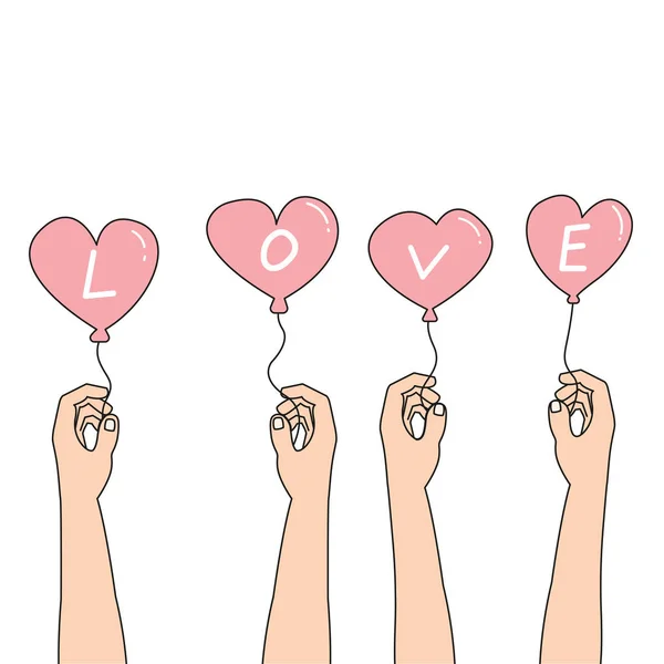 Руки, що тримають повітряні кулі у формі серця і слово "любов" намальований стиль — стоковий вектор