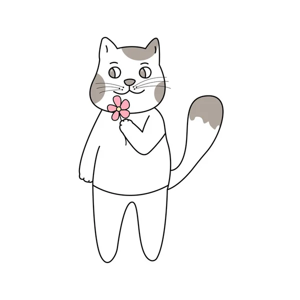 Cat with flower hand drawn style, Cute cartoon funny animal character. — 스톡 벡터