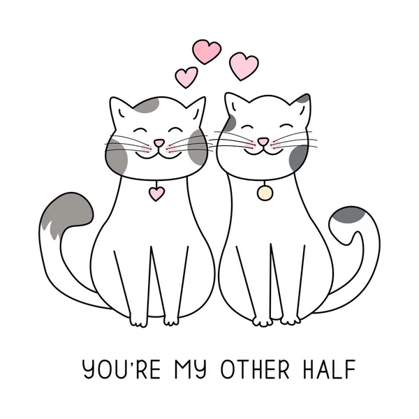 Two cats in love hug doodle icon. Cute pets vector art on white