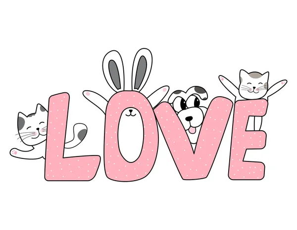 La palabra amor y mascotas, gatos, perros y conejos estilo dibujado a mano, personajes animales divertidos de dibujos animados lindo . — Vector de stock