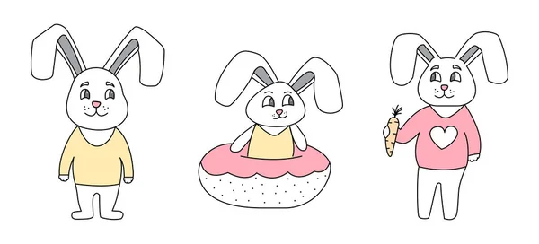 Set de iepuri drăguț stil desenat de mână, desene animate drăguț personaj animal amuzant . — Vector de stoc