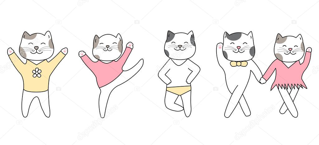 Set of cute dancing cats hand drawn style, Cute cartoon funny animal characters.