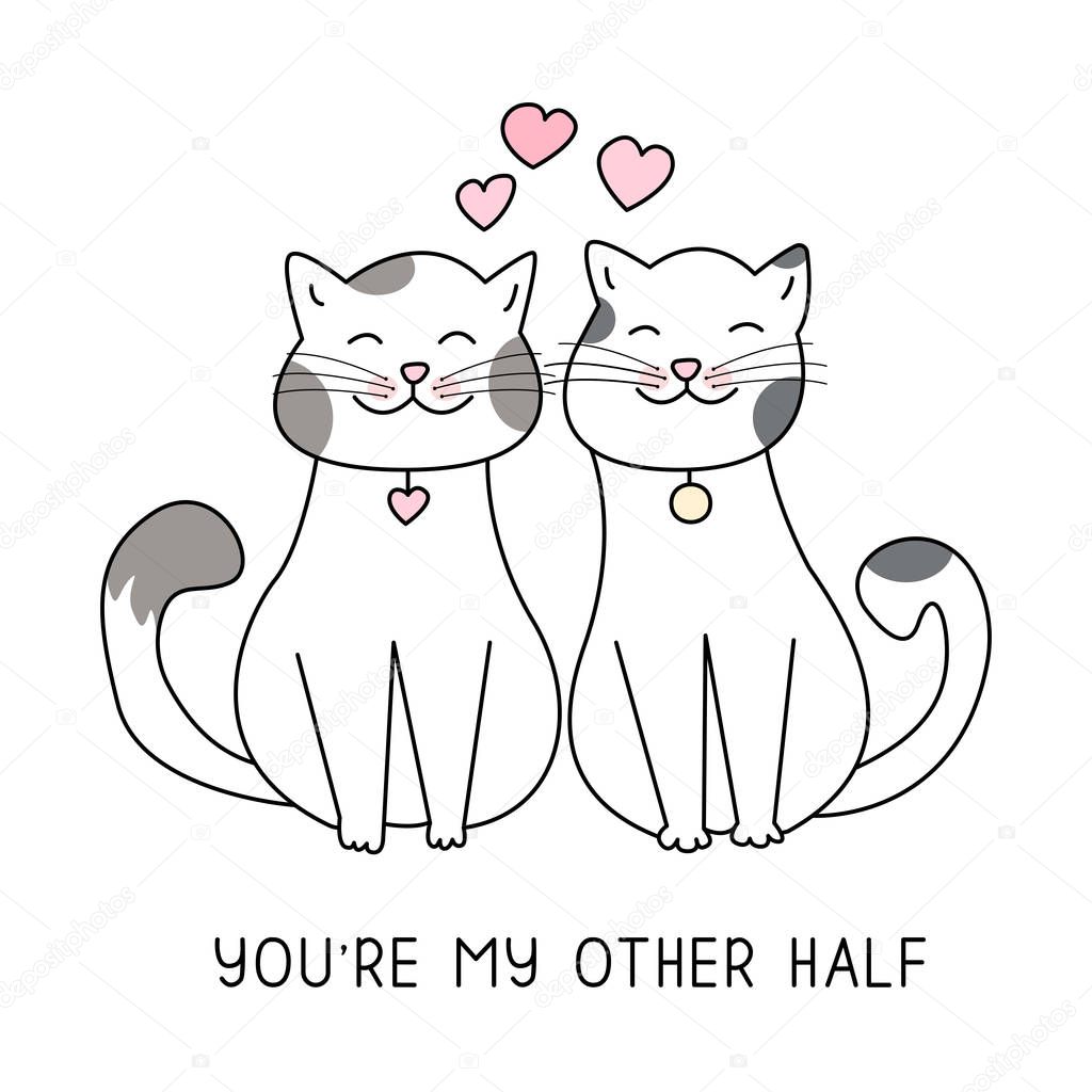 Lovely couple of cats and heart hand drawn style, Cute cartoon funny animal characters.