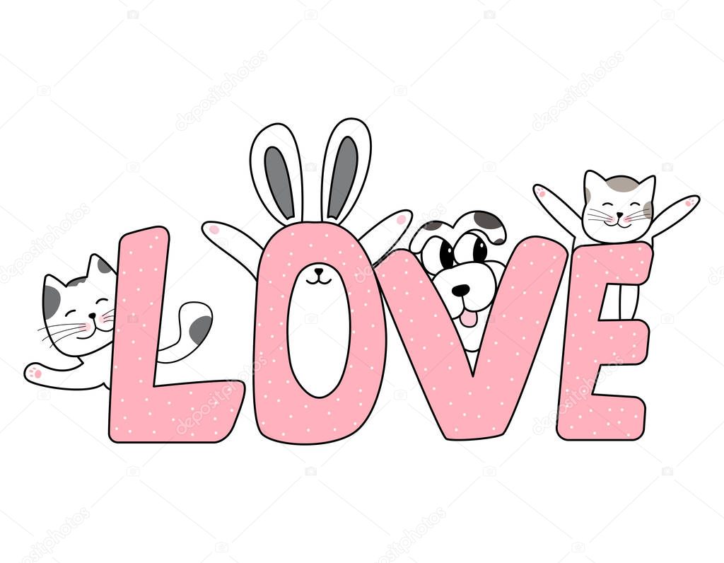 The word love and pets, cats, dog, and rabbit hand drawn style, Cute cartoon funny animal characters.
