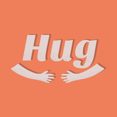Hugs poster or postcard design, hands hug vector illustration on orange background.