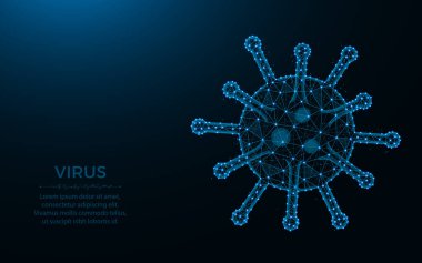 Virüs düşük poli tasarımı, bakteri ya da mikrop kablosu, koyu mavi arkaplan üzerindeki nokta ve çizgilerden oluşan çokgen vektör çizimi