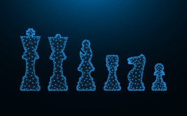 Koyu mavi arka plandaki nokta ve çizgilerden yapılmış satranç oyuncuları, papaz, vezir, kale, fil, şövalye ve piyon teli çokgen vektör çizimi