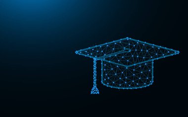 Koyu mavi arkaplan üzerindeki nokta ve çizgilerden yapılmış Kare Akademik Cap, eğitim Wirefram ağı çokgen vektör çizimi
