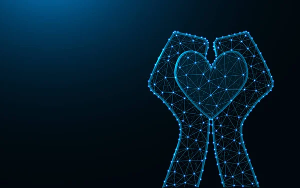 Koyu mavi arkaplandaki nokta ve çizgilerden yapılmış eller ve kalp, aşk teli çokgen vektör çizimi