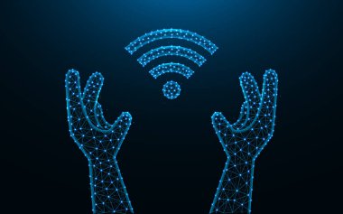 Eller ve Wi-Fi koyu mavi arkaplan üzerindeki nokta ve çizgilerden yapılır, iletişim kablosuz ağı çokgen vektör çizimi