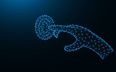 Koyu mavi arkaplandaki nokta ve çizgilerden yapılmış bir düğmeye el ile basar, Parmak Tuşu kablo örgüsü çokgen vektör çizimi