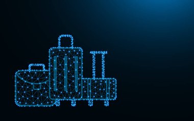 Koyu mavi arkaplandaki nokta ve çizgilerden yapılmış bavul kablosu çokgen vektör illüstrasyonuName