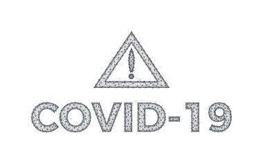 Beyaz zemin üzerindeki nokta ve çizgilerden yapılan COVID-19 tipografisi hakkında uyarı, Coronavirus enfeksiyonu tel örgüsü çokgen vektör çizimi