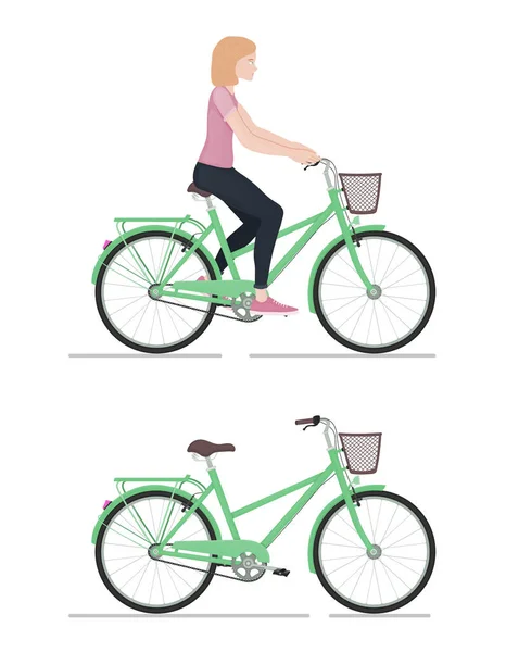 Flicka Rider Cykel Karaktär Och Cykel Tecknad Stil Sidovy Aktiv — Stock vektor