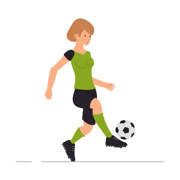 Mädchen Spielt Fußball Fußballspieler Frau Tritt Einen Fußball Vektor Illustration — Stockvektor