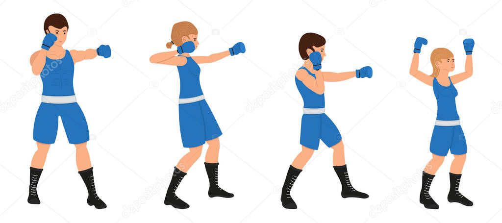 Boxing family, Man, woman, boy and girl are engaged in boxing. Father, mother, son and daughter are training together. Vector Illustration on a white background