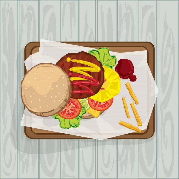 Élelmiszerek objektumok hamburger hasábburgonyával — Stock Vector