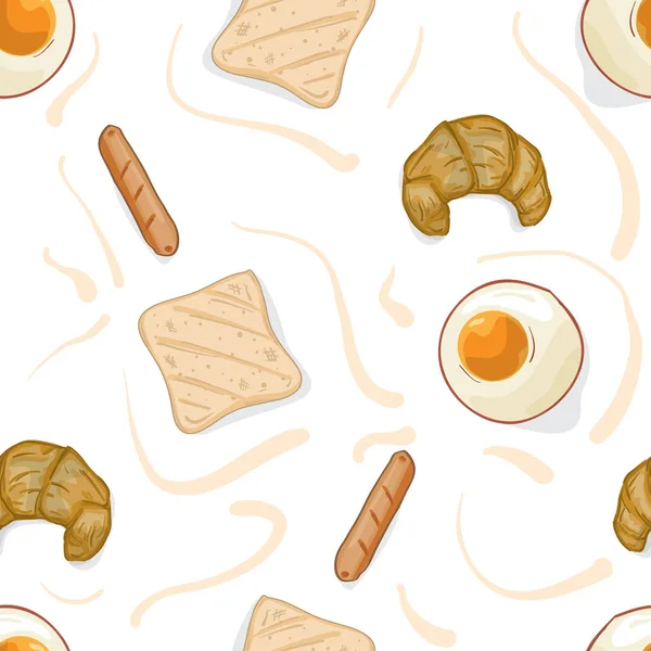 Patrón de alimentos Pan de huevo frito salchicha croissant — Vector de stock