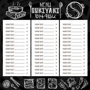 Menü Japon yemekleri sukiyaki shabu Restoran şablon tasarım el grafik çizimi.