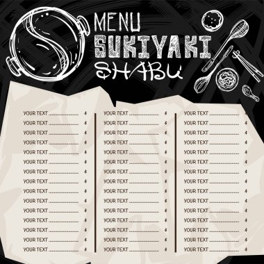 Menü Japon yemekleri sukiyaki shabu Restoran şablon tasarım el grafik çizimi.