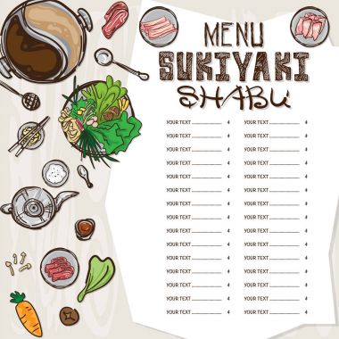 Menü Japon yemekleri sukiyaki shabu Restoran şablon tasarım el grafik çizimi.