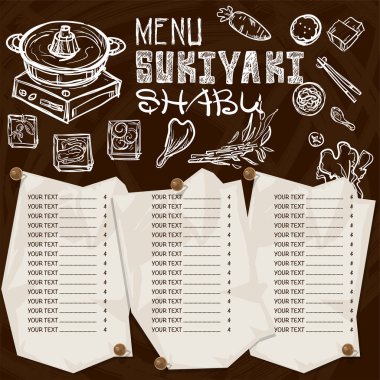 Menü Japon yemekleri sukiyaki shabu Restoran şablon tasarım el grafik çizimi.