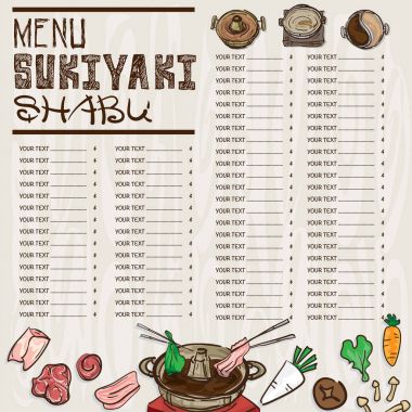 Menü Japon yemekleri sukiyaki shabu Restoran şablon tasarım el grafik çizimi.