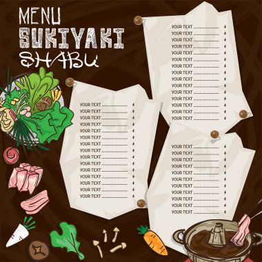Menü Japon yemekleri sukiyaki shabu Restoran şablon tasarım el grafik çizimi.
