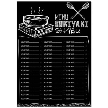 Menü Japon yemekleri sukiyaki shabu Restoran şablon tasarım el grafik çizimi.