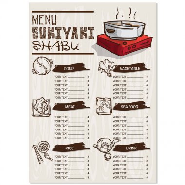 Menü Japon yemekleri sukiyaki shabu Restoran şablon tasarım el grafik çizimi.