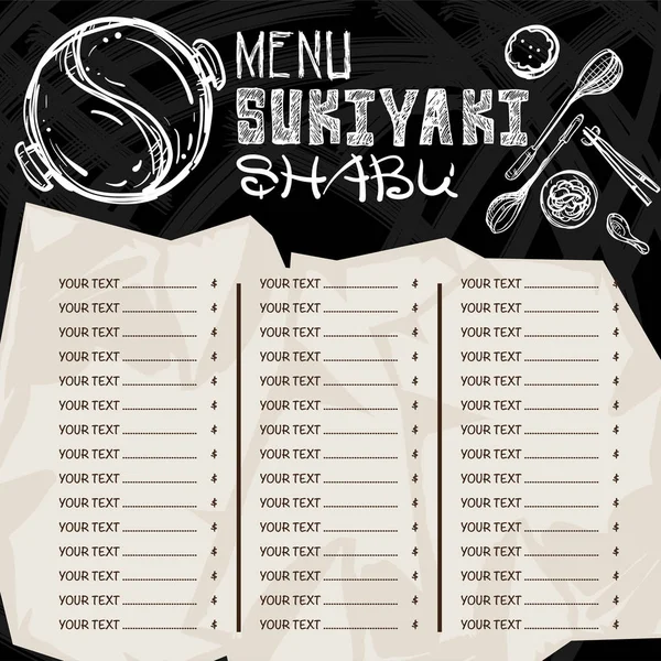 Menü Japon yemekleri sukiyaki shabu Restoran şablon tasarım el grafik çizimi.