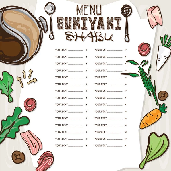 Menú comida japonesa sukiyaki shabu restaurante plantilla diseño mano dibujo gráfico . — Vector de stock