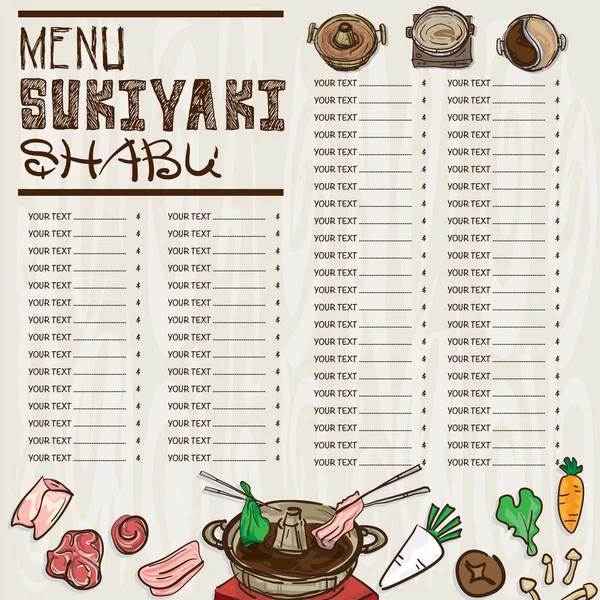 Menü japanisches Essen Sukiyaki Shabu Restaurant Vorlage Design Handzeichnung Grafik. — Stockvektor