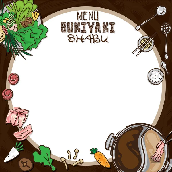 Menú comida japonesa sukiyaki shabu restaurante plantilla diseño mano dibujo gráfico . — Vector de stock