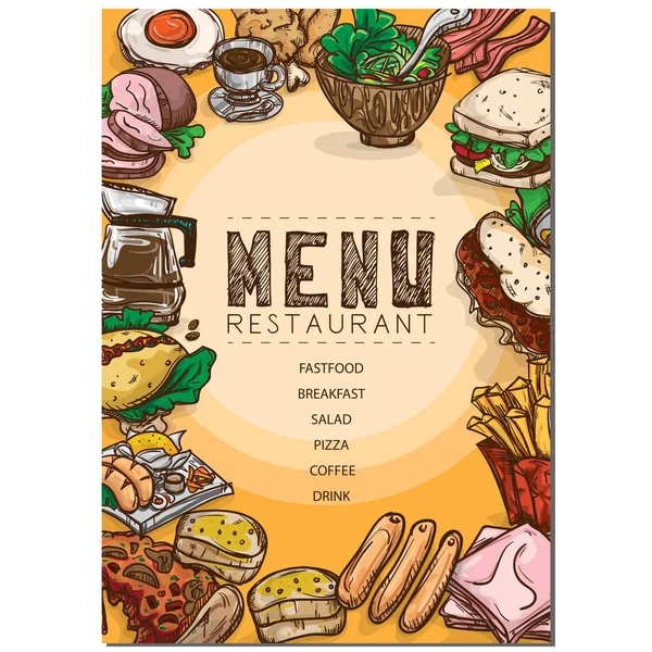 Menú comida restaurante plantilla diseño mano dibujo gráfico . — Vector de stock