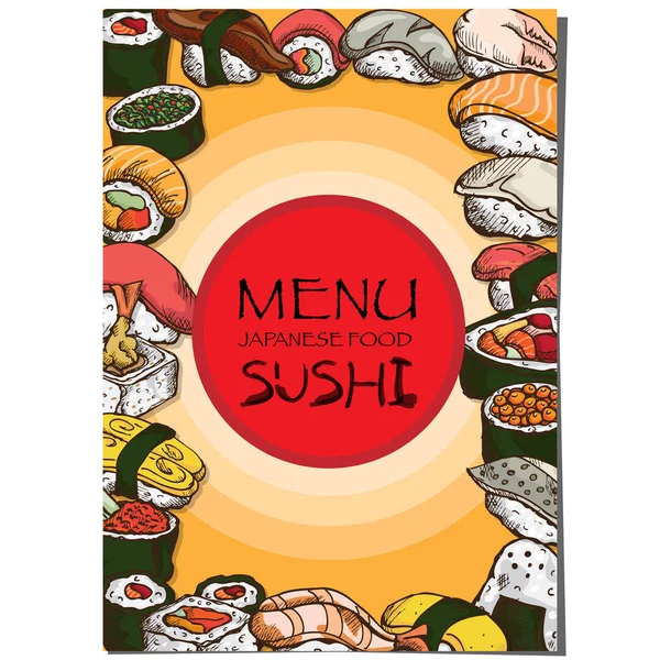 Menü japanisches Essen Restaurant Vorlage Design Hand Zeichnung Grafik. — Stockvektor