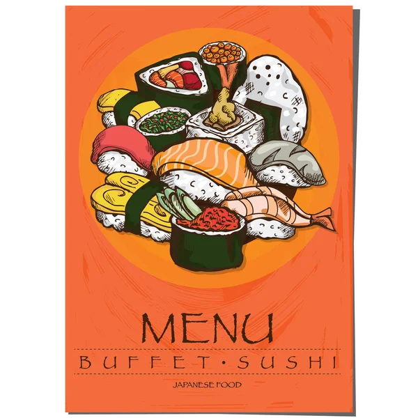 Menü japanisches Essen Sushi Restaurant Vorlage Design Handzeichnung Grafik. — Stockvektor