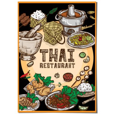 Menü Tay Gıda Restoran şablon tasarım el grafik çizimi.