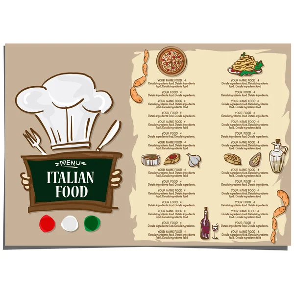 Menú comida italiana restaurante plantilla diseño mano dibujo gráfico . — Archivo Imágenes Vectoriales