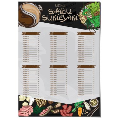 Menü sukiyaki shabu Japon Gıda Restoran şablon tasarım el grafik çizimi.