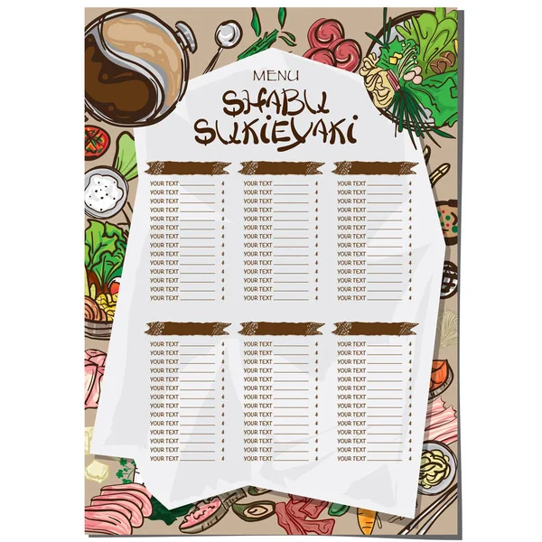 Menu sukiyaki shabu comida japonesa modelo de restaurante design mão desenho gráfico . —  Vetores de Stock