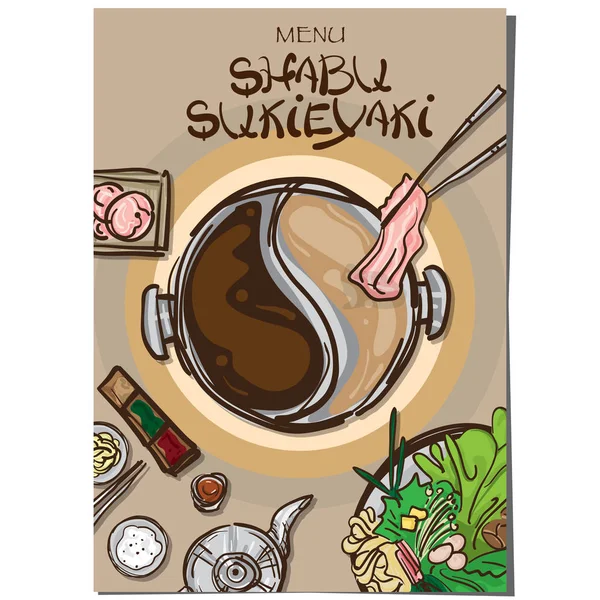 Menü sukiyaki shabu Japon Gıda Restoran şablon tasarım el grafik çizimi.