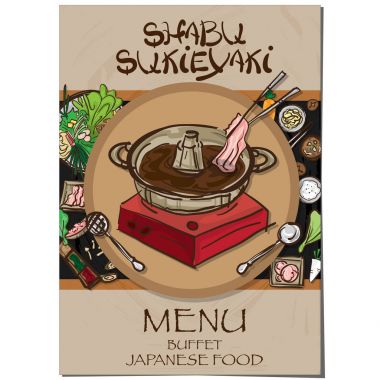 Menü sukiyaki shabu Japon Gıda Restoran şablon tasarım el grafik çizimi.