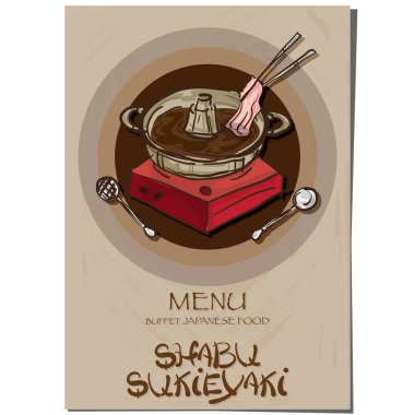 Menü sukiyaki shabu Japon Gıda Restoran şablon tasarım el grafik çizimi.