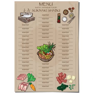 Menü sukiyaki shabu Japon Gıda Restoran şablon tasarım el grafik çizimi.