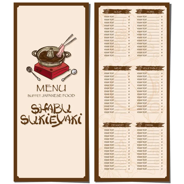 Menú sukiyaki shabu comida japonesa restaurante plantilla diseño mano dibujo gráfico . — Vector de stock