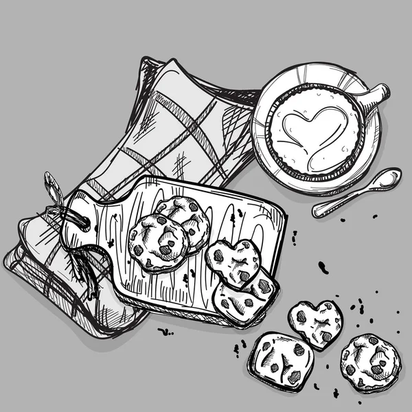 Élelmiszer, kávé csésze cookie rajz kép illusztrálja objektumok — Stock Vector