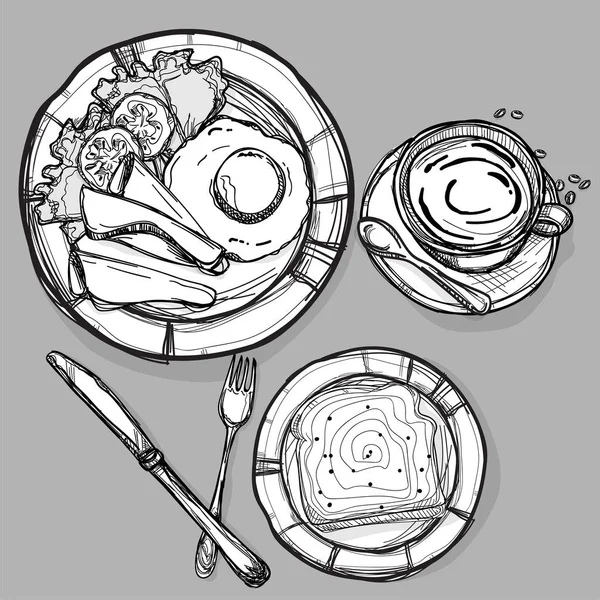 Завтрак хлеб ветчины яичный набор кофе рисование графические иллюстрации объектов — стоковый вектор