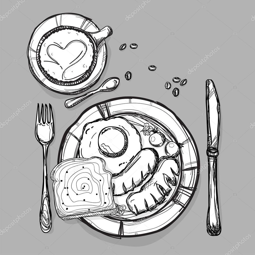 food breakfast bread sausage egg coffee set drawing graphic illustrate objects